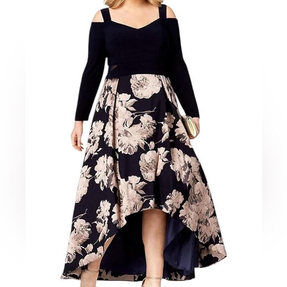 Xscape Navy Blue Brocade Floral High Low Formal Long Sleeve Midi Gown Size 18W - Picture 1 of 14